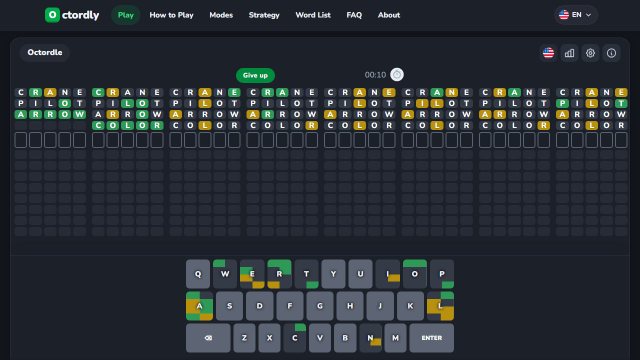 Octordle in the dark theme on a computer
