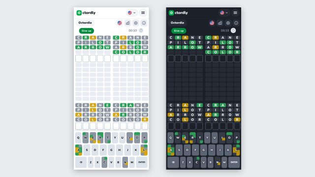Octordle on a phone, light and dark theme
